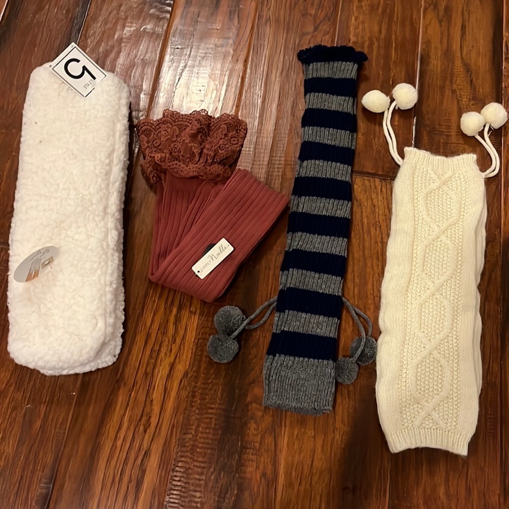 NWT White Fuzzy Socks, Rust Boot Socks, White Leg Warmers, Striped Leg Warmers.